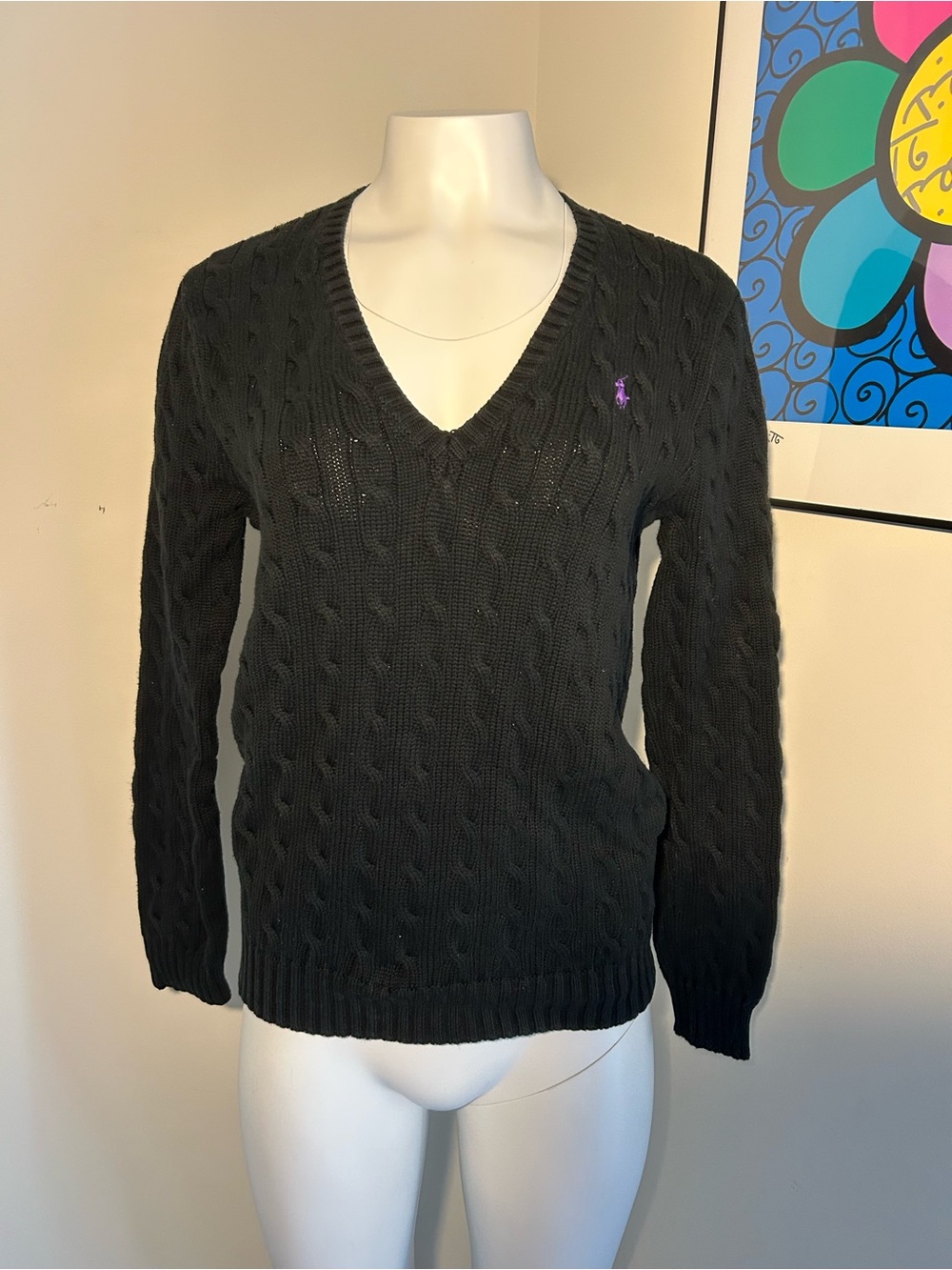 Ralph Lauren Sport Black Cotton Cable-Knit V-Neck Sweater Size XL